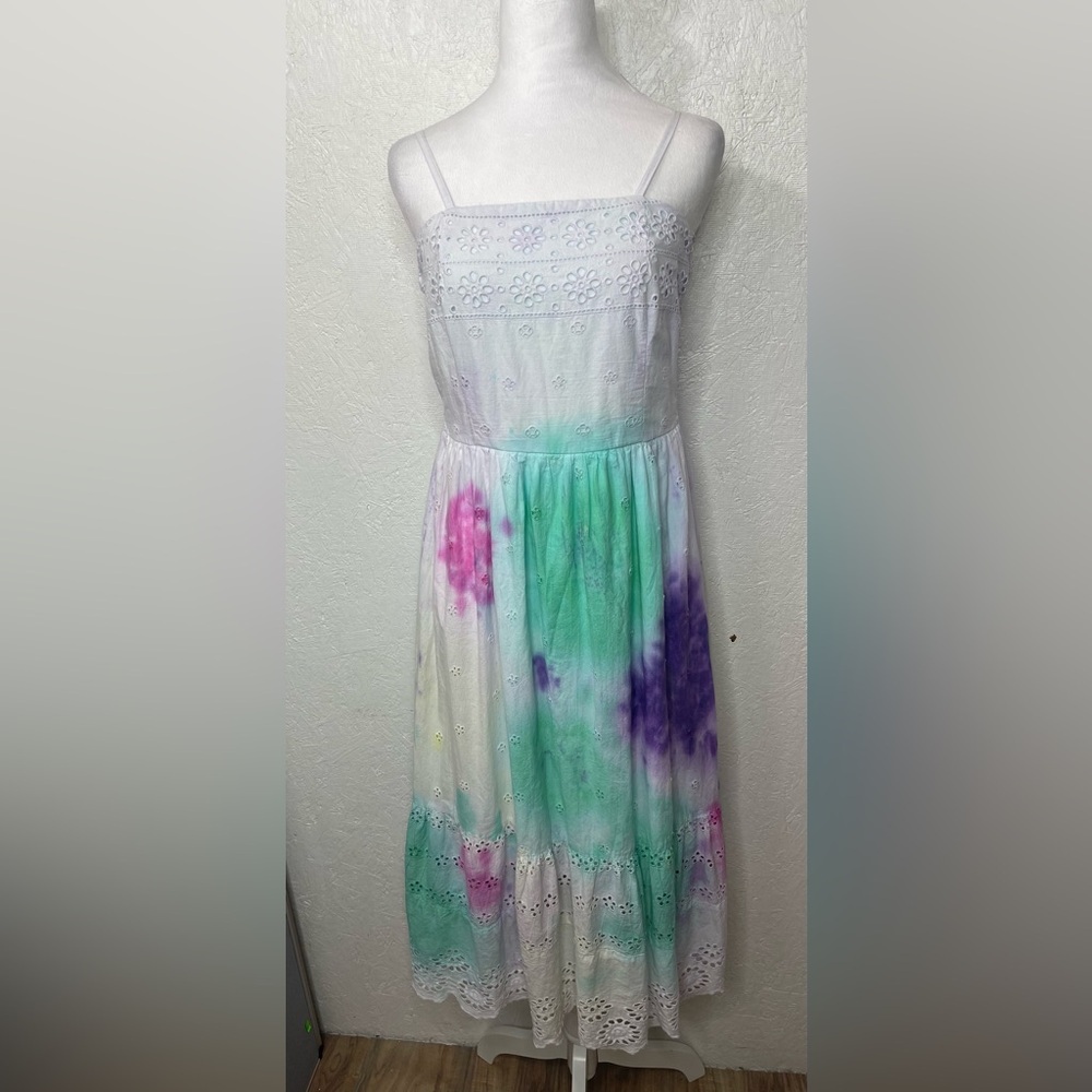 Pastel Tie Dye Eyelet Sundress Boho Coastal Cottagecore Midi Summer Vacation Lg - Picture 4 of 12